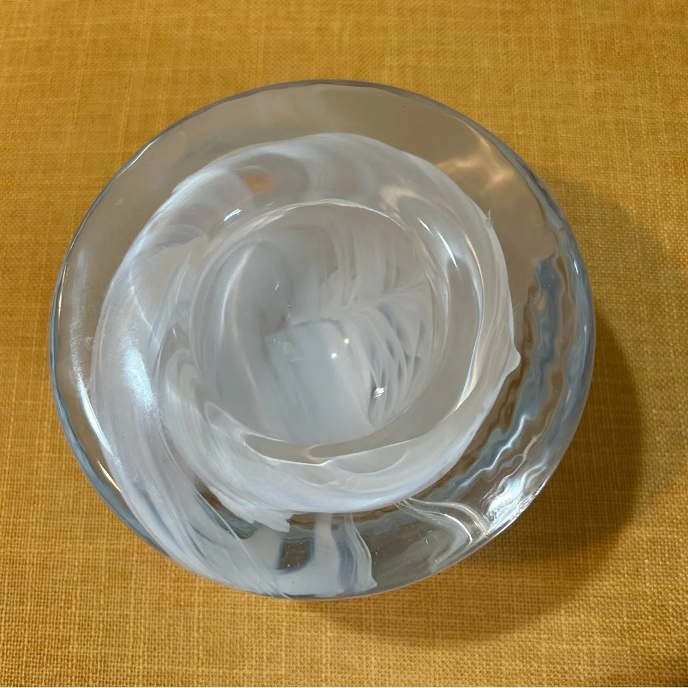 Kosta Boda Atoll Art Glass Bowie votive candle holder white swirl